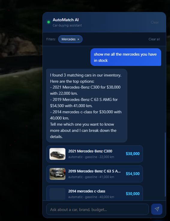 AutoMatch AI assistant returning matching Mercedes inventory