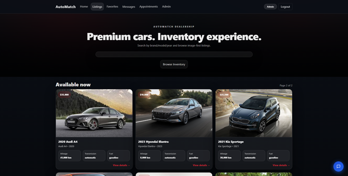 AutoMatch inventory page showing vehicle listing cards and search tools